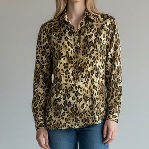 Vintage Silk Leopard Print Blouse Sz M Long Sleeve Button‎ Down Animal Edgy Bold